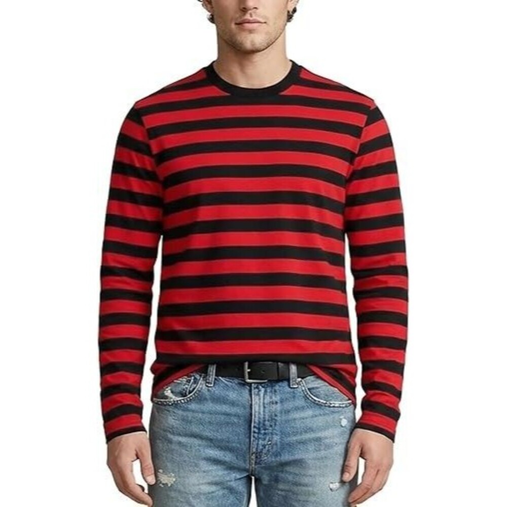 Zengjo Men's Long-Sleeve T-Shirt X-SMALL Red and Black Cotton Striped Crewneck